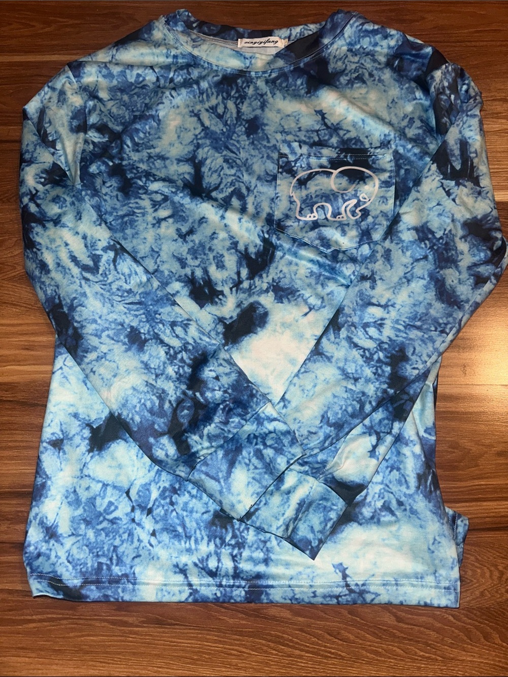 Blue Tie-Dye Long Sleeve Pocket Tee with Elephant Logo